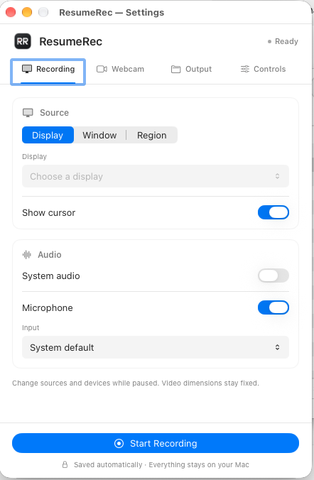 ResumeRec recording settings, with display, window and region selection, system audio and microphone controls.